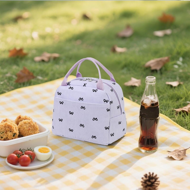 LEDAOU Lunch Box for Women Insulated Lunch Bag Corduroy Lunch Tote Bags Leakproof Cooler Lunch Case for Travel Work Picnic (Purple bow pattern) - Image 4